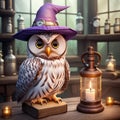 Wizard owl in alchemist laboratory. Generative AI