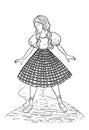 Dorothy standing on brick path. The wizard of Oz. Fairytale character design.