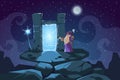 Wizard and portal scene. Cartoon fantasy background with magician and stone teleportation door. Fairy tale teleport in rock arch.