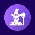 Wizard purple flat design long shadow glyph icon. Sorcerer, magician in hat. Old wise man, fantasy druid. Fairytale Royalty Free Stock Photo