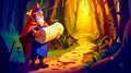Wizard is reading scroll in the middle of path in forest. Generative AI Royalty Free Stock Photo