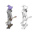 Wizard is riding on skateboard .Design fashion printing for clothes. Hand drawn sketch vector illustration.