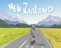 Wizard is riding on skateboard on the road among the mountains. New Zealand. Beautiful landscape.