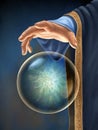 Wizard`s hand interacting with a floating magical orb