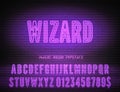 Wizard sign with purple neon narrow bold alphabet on dark brick background. Vector illustration