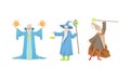 Wizard or Sorcerer as Wise Old Man with White Beard and Pointed Hat Performing Magic Vector Set Royalty Free Stock Photo