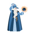 Wizard or sorcerer conjures with crystal ball flat vector illustration isolated.