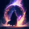 Wizard standing in front of magical portal with wand in his hand