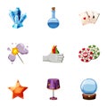 Wizard stuff icons set, cartoon style