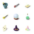 Wizard stuff icons set, isometric style