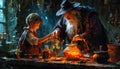 Wizard teaching young boy magic in a medieval workshop Royalty Free Stock Photo