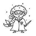 Wizard vector icon. Coloring book for children. A boy in a scarf, robe, with a magic wand in his hand