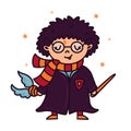 Wizard vector icon. A cute boy in a red and gold scarf, black robe, with a magic wand in his hand. A child with glasses