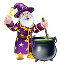 Wizard with Wand and Cauldron Cartoon