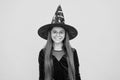 wizardry. halloween witch girl. happy childhood. teenage child in hat and glasses. cheerful kid create miracles