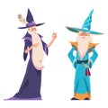 Wizards. Characters in robes costume and hats with silver beard. Old men hold magic stone. People isolated. Cartoon