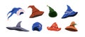 Wizards and magicians hats set. Fairy magic caps, conical headwear. Halloween head wearing, accessory. Pointed