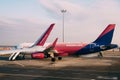 Wizzair plane on a takeoff strip at the airport