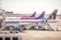 Wizzair and Qatar Airways airplanes on Henri Coanda International Airport, near Bucharest, Romania