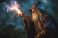 Wizzard doing Magic. Illustration of a wizard immersed in the act of casting a spell. Ai generated Royalty Free Stock Photo