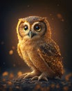 Owl with golden sparkles on a dark background. Generative AI