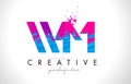 WM W M Letter Logo with Shattered Broken Blue Pink Texture Design Vector.