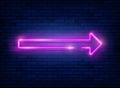 Neon arrow. Pink Neon sign with a Brick Wall Background, icon, banner with flash light, illustration