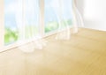 Wndow and curtain 3d illustration. Realistic interior of empty room, wooden floor. Background stage for product display Royalty Free Stock Photo