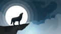 WNight cartoon landscape. Wolf, moon, cloud illustration. Royalty Free Stock Photo