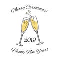 Wo sparkling glasses of champagne. 2019 Merry Christmas and Happy New Year text. Hand drawn vector illustration. Royalty Free Stock Photo