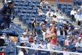 Wo times Grand Slam champion Victoria Azarenka argues with chair umpire during quarterfinal match at US Open 2013