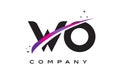 WO W O Black Letter Logo Design with Purple Magenta Swoosh