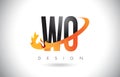 WO W O Letter Logo with Fire Flames Design and Orange Swoosh.