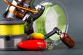 Wobbler, reel, fishing line in bright color Royalty Free Stock Photo