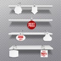 Wobbler shelves. Retail rack bibliotheque shelf box blank shelves with advertising priced hanging clear plastic sticker