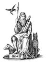 Woden or Odin, Germanic and Norse God, Seated with His Wolves and Crows vintage illustration