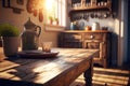 A woden table with blurry background of vintage kitchen