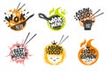 Wok asian food logo, Wok pan, plate, box, sticks, lettering, pepper, vegetables, Cook wok dish noodle ramen fire