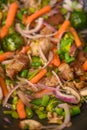 Wok, close-up, shredding meat with vegetables. Delicious food, culinary background, gastronomy. Vertical frame