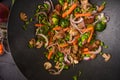 Wok, close-up, shredding meat with vegetables.Tasty food, culinary background, gastronomy