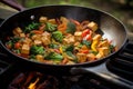 wok with crispy tofu and vibrant veggies on high heat Royalty Free Stock Photo