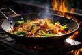 wok filled with colorful stir-fry vegetables on a stove