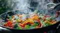 A wok filled with vegetables cooking on a stove top, AI