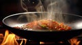 A wok with food being cooked on fire, AI