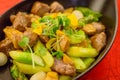 Wok-fried Australian Wagyu beef with foie gras and asparagus