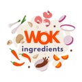 Wok Ingredients and Asian Food with Shrimp, Chilli Pepper and Mushroom Vector Composition