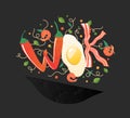 Wok logo for thai or chinese restaurant. Stir fry with edible letters. Cooking process vector illustration