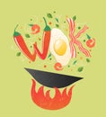 Wok logo for thai or chinese restaurant. Stir fry with edible letters. Cooking process vector illustration on green background.