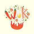 Wok logo for thai or chinese restaurant. Stir fry with edible letters. Cooking process vector illustration.