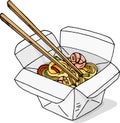 Wok noodles in the box. Asian fast food. Colorful vector illustration in sketch style.
